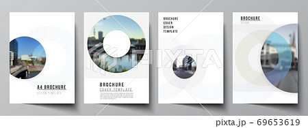 Vector layout of A4 cover mockups templates for brochure, flyer layout, booklet, cover design, book design, brochure cover. Background template with rounds, circles for IT, technology. Minimal style. Vector layout of A4 cover mockups templates for brochure, flyer layout, booklet, cover design, book design, brochure cover. Background template with rounds, circles for IT, technology. Minimal style. 69653619