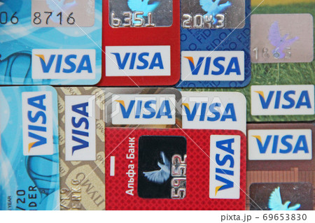 Close up of many Mastercard credit cards. Plastic bank cards Close up of many Mastercard credit cards. Plastic bank cards 69653830