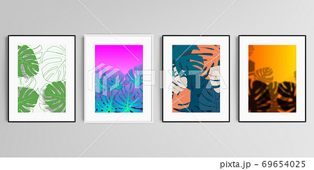 Realistic vector set of picture frames in A4 format isolated on gray background. Tropical palm leaves, shadow of tropical jungle leaves. Floral pattern backgrounds. Realistic vector set of picture frames in A4 format isolated on gray background. Tropical palm leaves, shadow of tropical jungle leaves. Floral pattern backgrounds. 69654025