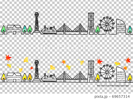 秋の横浜の街並みと紅葉のイラストセット 69657314