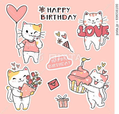 cute funny cat birthday set element clip art doodle vector for sticker, journal, printable and greeting card 69658100