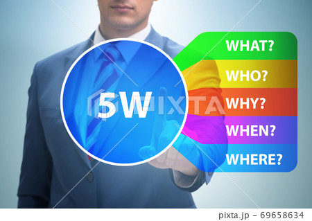 Five whys concept with businessman pressing virtual button Five whys concept with businessman pressing virtual button 69658634