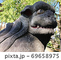 神社の門前を厳かに守る狛犬 69658975