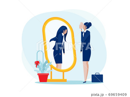 Depression Mask.business woman  standing with mirror and seeing themselves as shadow behind. depression and melancholy concept of self confidence at work, vector illustration. 69659409