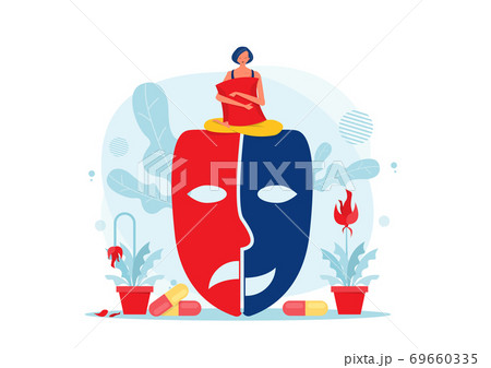 woman suffering from depression.  sleeping pills, mask. Stress, depression and sleeping problems concept 69660335