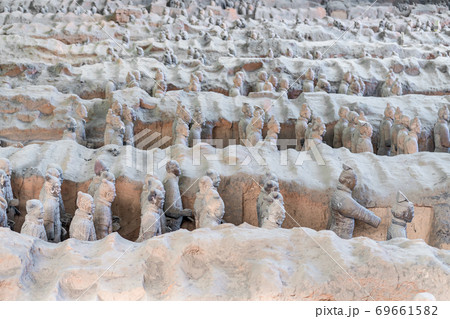 The Terracotta Army warriors at the Mausoleum of sculptures depicting the armies of Qin Shi Huang,  69661582