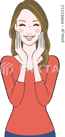 笑顔で顔を触っている女性のイラストのイラスト素材
