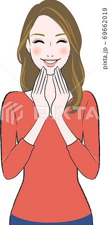 笑顔で顔を触っている美しい女性のイラストのイラスト素材