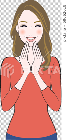 一個美麗的女人,撫摸她的臉帶著微笑的插圖 一個美麗的女人,撫摸她的臉帶著微笑的插圖 69662019