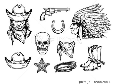 Wild west cowboy vintage set of symbols sketch vector illustration isolated Wild west cowboy vintage set of symbols sketch vector illustration isolated 69662661