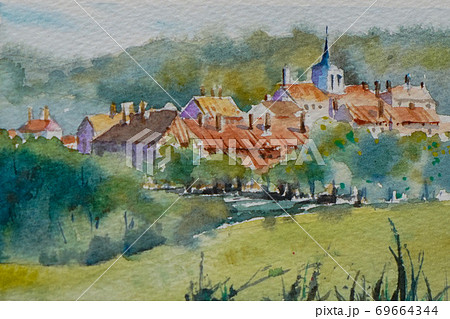 ヨーロッパの小さな村 トスカーナ 水彩画 風景画のイラスト素材 