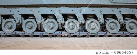 Tracks and wheels of tank, armored vehicle 69664657