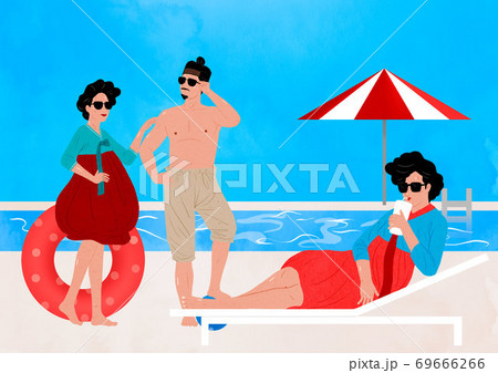 Modern lifestyle of Korean traditional cloth wearing people, retro style illustration 006 69666266