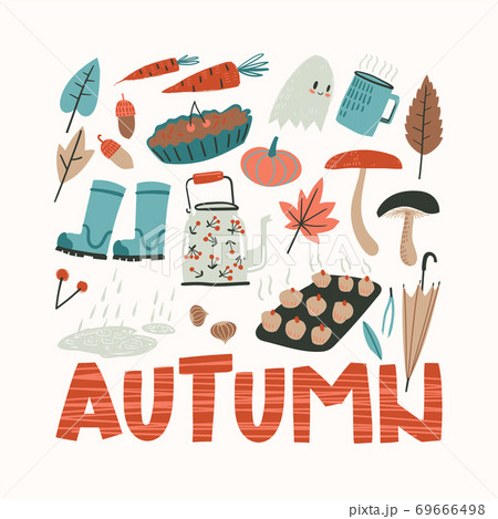Poster with fall doodle elements. Cozy things, clothes, harvest, food and nature. Poster with fall doodle elements. Cozy things, clothes, harvest, food and nature. 69666498