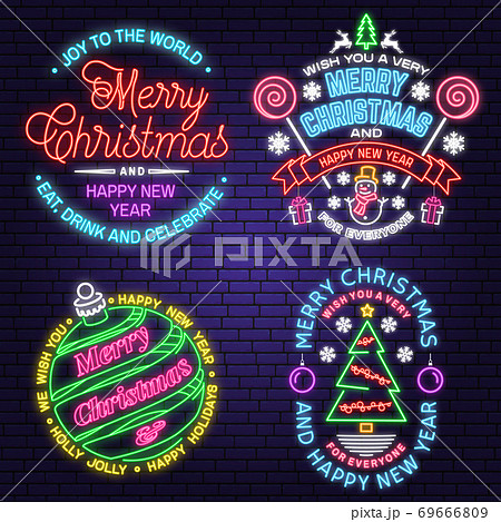 We wish you a very sweet Christmas and Happy New Year neon sign with snowflakes, classic red christmas truck Vector. Neon design for xmas, new year emblem, bright signboard, light banner. Night 69666809