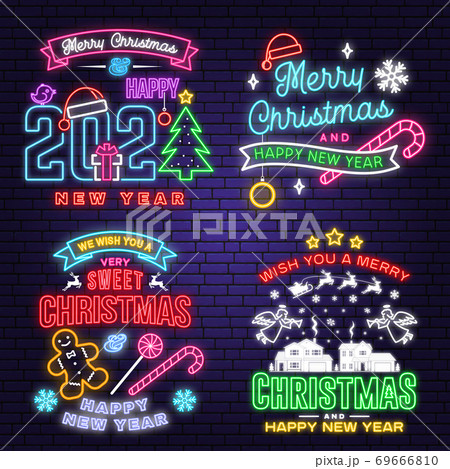 We wish you a very sweet Christmas and Happy New Year neon sign with snowflakes, classic red christmas truck Vector. Neon design for xmas, new year emblem, bright signboard, light banner. Night 69666810