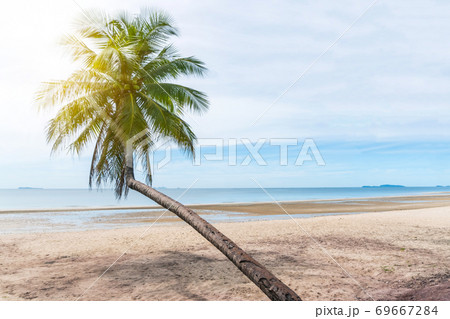 Tropical nature clean beach and white sand in summer with sun light blue sky and bokeh background. 69667284
