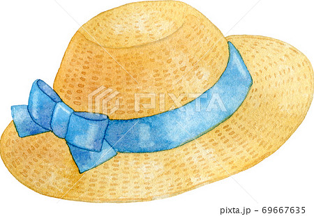 青いリボンが付いた麦わら帽子のイラスト素材