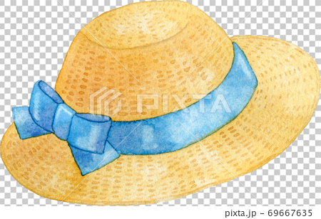 青いリボンが付いた麦わら帽子のイラスト素材 [69667635] - PIXTA