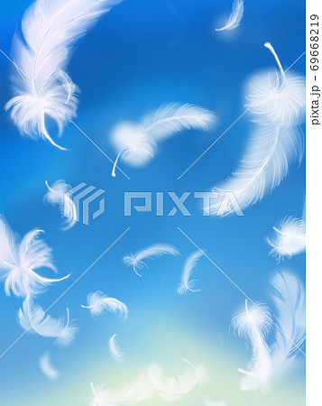 青い空から降り注ぐ太陽光と空から舞う天使の羽のイラスト素材