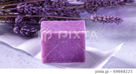 Lavender soap with dried lavender flowers 69668225