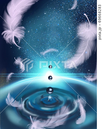 星空と幻想的な宇宙の中舞う羽のファンタジー背景のイラスト素材 6966