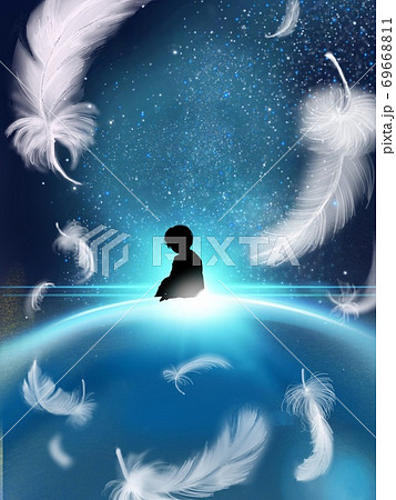 白い羽が舞う中幻想的な宇宙で青い惑星に座る男の子のイラスト素材