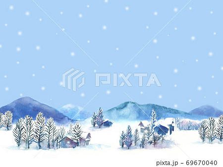 水彩で描いた雪景色のイラストのイラスト素材