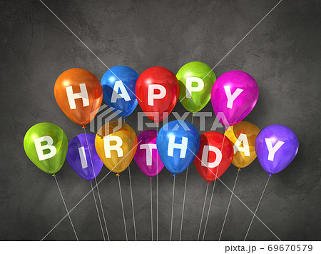 Colorful happy birthday air balloons on a concrete background Colorful happy birthday air balloons on a concrete background 69670579