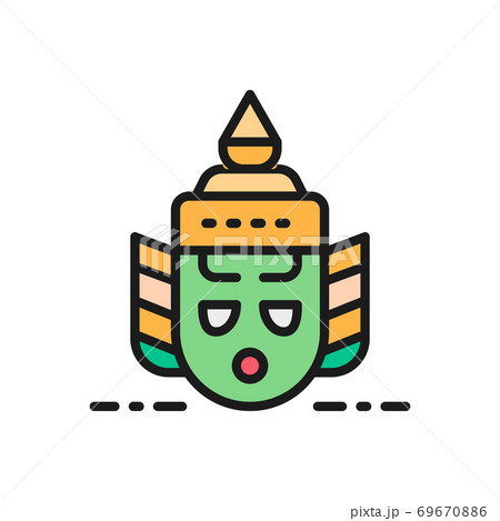 Thailand traditional Khon theater mask, Ravana head flat color line icon. 69670886