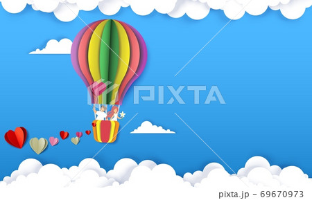 Happy couple in hot air balloon, vector paper cut illustration Happy couple in hot air balloon, vector paper cut illustration 69670973