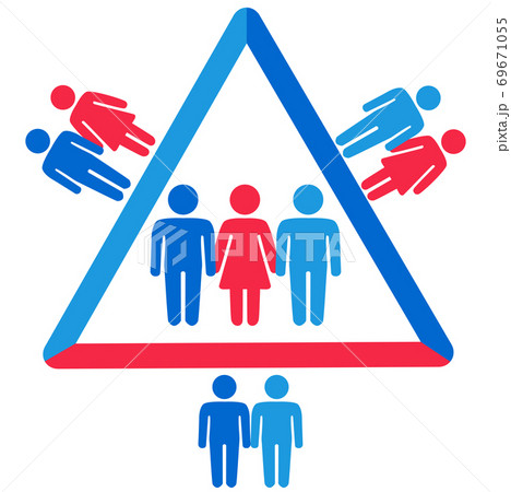 Schematic representation of polyamoric relations between three people. Polyamory conceptual illustration. 69671055