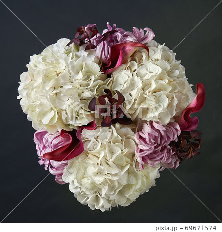 Bouquet of white hydrangea, red calla and pink chrysanthemum. Bouquet of white hydrangea, red calla and pink chrysanthemum. 69671574