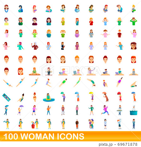 100 woman icons set, cartoon style 100 woman icons set, cartoon style 69671878