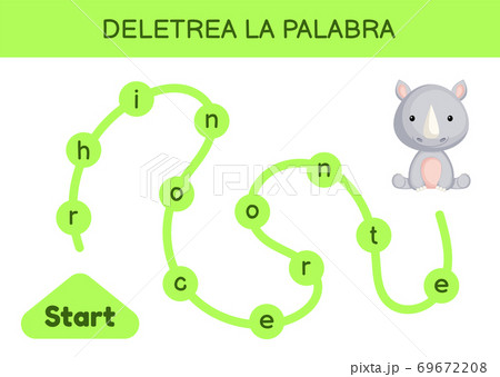 Deletrea la palabra - Spell the word. Maze for kids. Spelling word game template. Learn to read word rhino. Activity page for study Spanish for development of children. Vector stock illustration. 69672208
