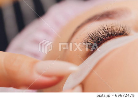 Woman Eye with Long Eyelashes. Eyelash Extension. Woman Eye with Long Eyelashes. Eyelash Extension. 69672479