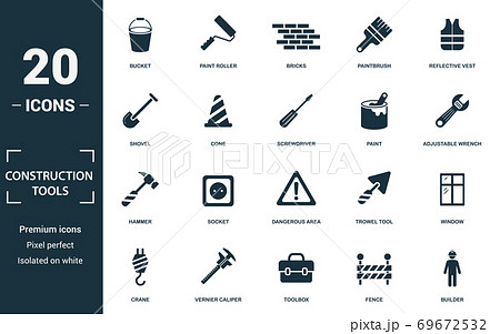Construction Tools icon set. Monochrome sign collection with bucket, paint roller, bricks, paintbrush and over icons. Construction Tools elements set. Construction Tools icon set. Monochrome sign collection with bucket, paint roller, bricks, paintbrush and over icons. Construction Tools elements set. 69672532