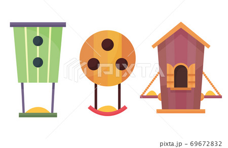 Bird houses. Cartoon vector birdhouse or wooden house for birds. Set of hanging nesting boxes for garden and home decor in flat design. Decorative flat vector elements for posters or banners Bird houses. Cartoon vector birdhouse or wooden house for birds. Set of hanging nesting boxes for garden and home decor in flat design. Decorative flat vector elements for posters or banners 69672832