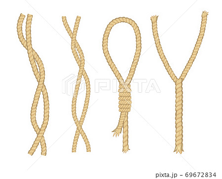 Ropes. Curved nautical ropes with knots vector template. Set of light brown ropes folded in different ways and folded several times around itself. Retro vintage art design 69672834