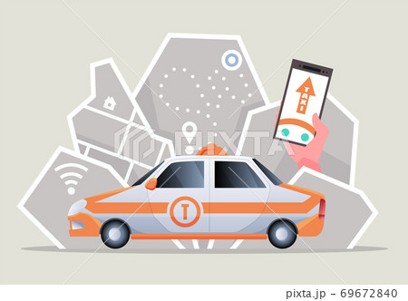 Electric car taxi. Phone with location mark and smart car with modern city skyline map. Vector illustration of online taxi service controlled via smartphone app 69672840