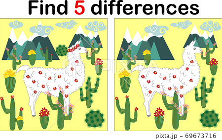 Find the differences between the pictures. Children's educational game. Sweet llama, alpaca among cacti and mountains Find the differences between the pictures. Children's educational game. Sweet llama, alpaca among cacti and mountains 69673716