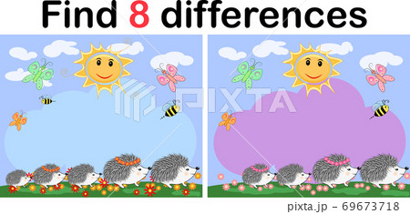 Find the differences between the pictures. Children's educational game. A hedgehog artist on a clearing with a rainbow draws on an easel Find the differences between the pictures. Children's educational game. A hedgehog artist on a clearing with a rainbow draws on an easel 69673718