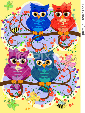 Three cute colorful cartoon owls sitting on tree branch with flowers. Funny sticker of birds on white background. 69673721