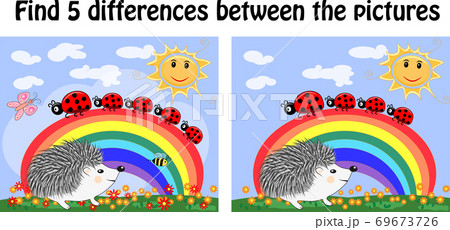 Find the differences between the pictures. Children's educational game. A hedgehog artist on a clearing with a rainbow draws on an easel Find the differences between the pictures. Children's educational game. A hedgehog artist on a clearing with a rainbow draws on an easel 69673726