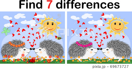 Find the differences between the pictures. Children's educational game. A hedgehog artist on a clearing with a rainbow draws on an easel Find the differences between the pictures. Children's educational game. A hedgehog artist on a clearing with a rainbow draws on an easel 69673727