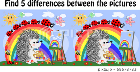 Find the differences between the pictures. Children's educational game. A hedgehog artist on a clearing with a rainbow draws on an easel Find the differences between the pictures. Children's educational game. A hedgehog artist on a clearing with a rainbow draws on an easel 69673733