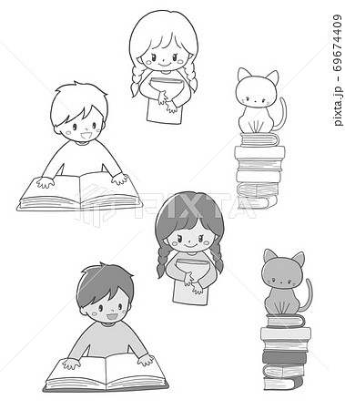 本を読む男の子と本が好きな女の子と本と猫のイラスト素材