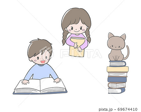 本を読む男の子と本が好きな女の子と本と猫のイラスト素材