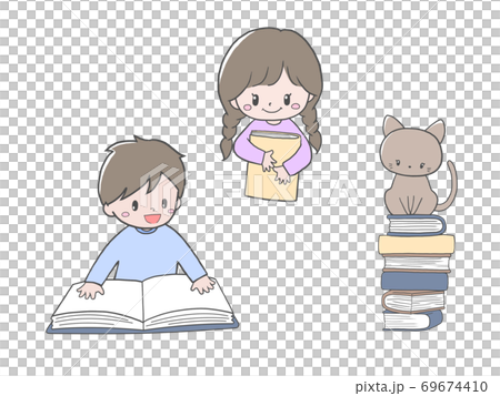 本を読む男の子と本が好きな女の子と本と猫のイラスト素材