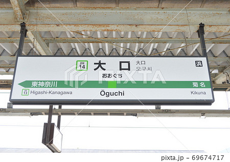 横浜線 大口駅(JH14)の駅名表示板(横浜市神奈川区)の写真素材